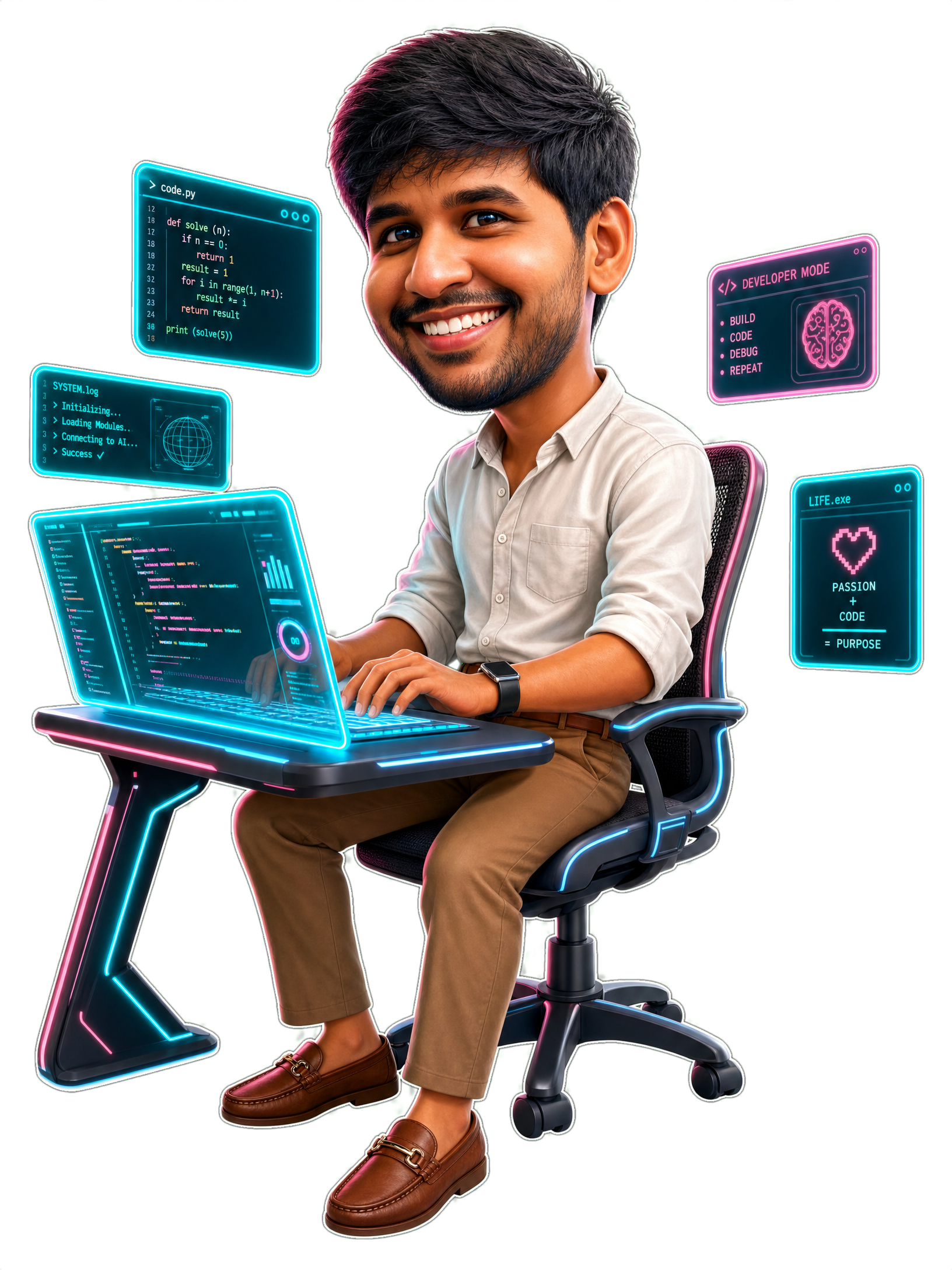 Praneeth Koppolu coding at a futuristic terminal
